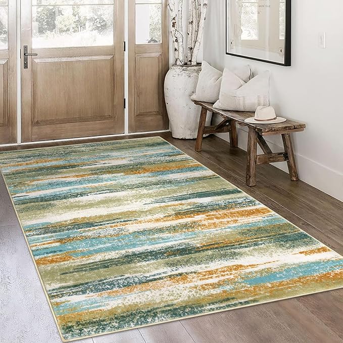 Lansny Modern Abstract 4x6 Living Room Washable Rug Non-Slip Soft Bedroom Area Rug Green Mustard Multi Thin Print Faux Wool Floor Carpet Throw Rugs for Nursery Playroom Dining Room Indoor Office