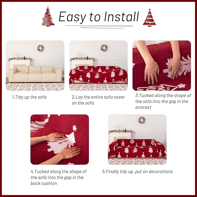 MYSKY HOME 71"X118" Loveseat Christmas Couch Cover, Sectional Sofa Covers Sofa Slipcover for 2 Cushion Couch, L Shape Couch Covers for Dogs, Kids, Washable Sofa Blanket, Furniture Protector, Red