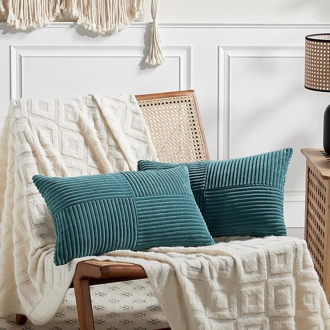 Fancy Homi 2 Packs Teal Lumbar Decorative Throw Pillow Covers 20x28 Inch for Living Room Couch Bed Sofa, Rustic Farmhouse Boho Home Decor, Soft Striped Corduroy Rectangle Accent Cushion Case 50x70 cm