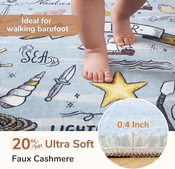 OPPODREAM Nautical Soft Area Rugs 5x7, Washable Blue Rug with Non Slip Backing, 5 x 7 Faux Cashmere Low-Pile 5x7 Carpet