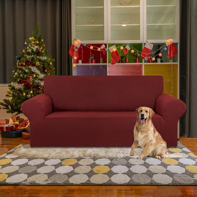 KEKUOU Stretch Loveseat Sofa Cover Slipcover,Couch Covers for 2 Cushion Couch Sofa (55"-78") Furniture Protector Sofa with Elastic Bottom for Kids,Dog. Jacquard Small Checked (Medium,Dark Red)