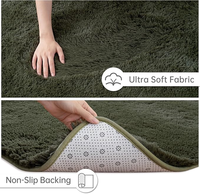 Goideal Fluffy Runner Rug for Bedroom Living Room, 2x6 Olive Green Bedside Rugs, Faux Fur Shag Modern Carpet Ultra Soft Girls Boys Room Home Decor, Solid