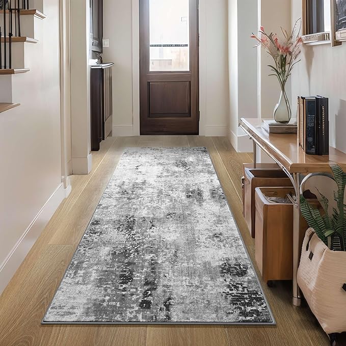 Ompaa 2x6 Rug Runners for Hallways Kitchen Runner Rug Non Slip Washable Grey Long Runner Rugs with Rubber Backing Soft Abstract Carpet Runner for Hallways, Kitchen, Bedroom, Bathroom, Entryway