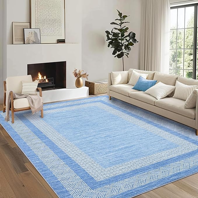 GarveeHome Modern Geometric Area Rug 5x7 Distressed Bordered Washable Non Slip Floor Carpet Non Shedding Thin Rug, Soft Low Pile Contemporary Light Blue Carpet for Dining Room, Living Room