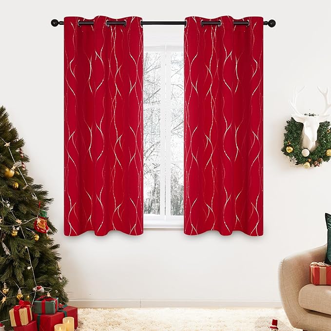 Deconovo Short Blackout Curtains, Christmas Red Curtain, Thermal Insulated Soundproof Drapes, Wave Line Dots Foil Print, 38 x 54 Inch, 2 Panels, Machine‑Washable Window Drape for Kitchen Small Window
