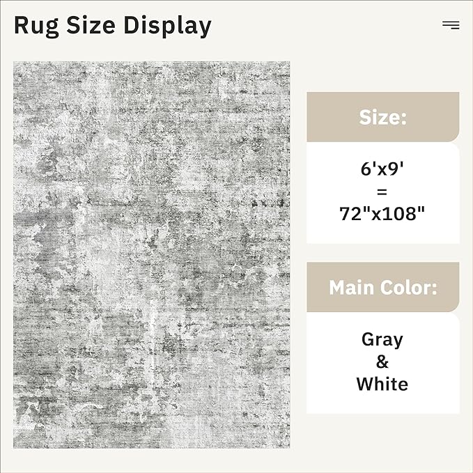 6x9 Abstract Area Rugs for Living Room 6 x 9 Washable Non Slip Low Pile Gray Rugs for Bedroom Dining Room Foldable Thin Gray White
