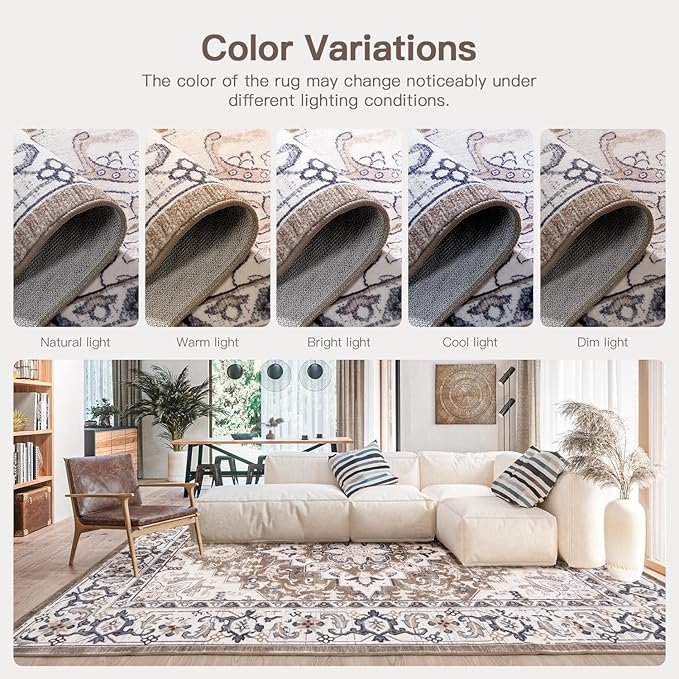 Lofus 5x7 Area Rugs for Living Room, Washable Area Rug, Rugs for Bedroom, Kitchen, Vintage Boho Carpet, Soft Non-Slip, Low Pile Large Area Rug for Office Dining Room, Floral Brown