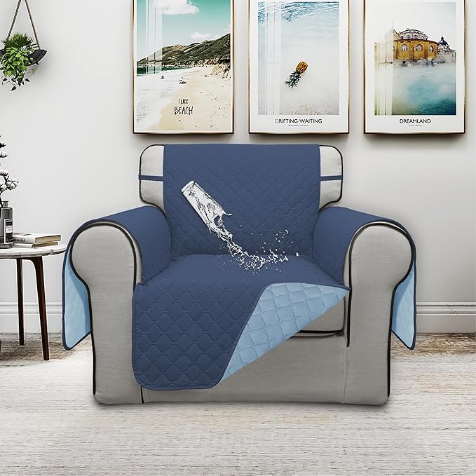 ISSUNTEX Double Protection 100% Waterproof Chair Sofa Cover for Living Room, Reversible Furniture Protector for Dogs, Pets, Kids (Chair, Dark Blue/Light Blue)
