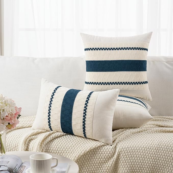Fancy Homi Set of 1 Boho Teal Decorative Throw Pillow Cover 18x18 Inch for Couch Bed Sofa, Aesthetic Modern Organic Farmhouse Home Decor, Soft Cotton Cute Accent Macrame Woven Cushion Case