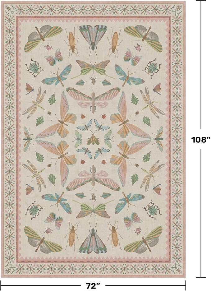 Hazo Haus Floral Pink Rugs for Bedroom Girls 6x9 - Insect Print Cute Girly Rug for Living Room, Dining Room Under Kitchen Table, Washable Low Pile Vintage Bug Art Nouveau Home Decor