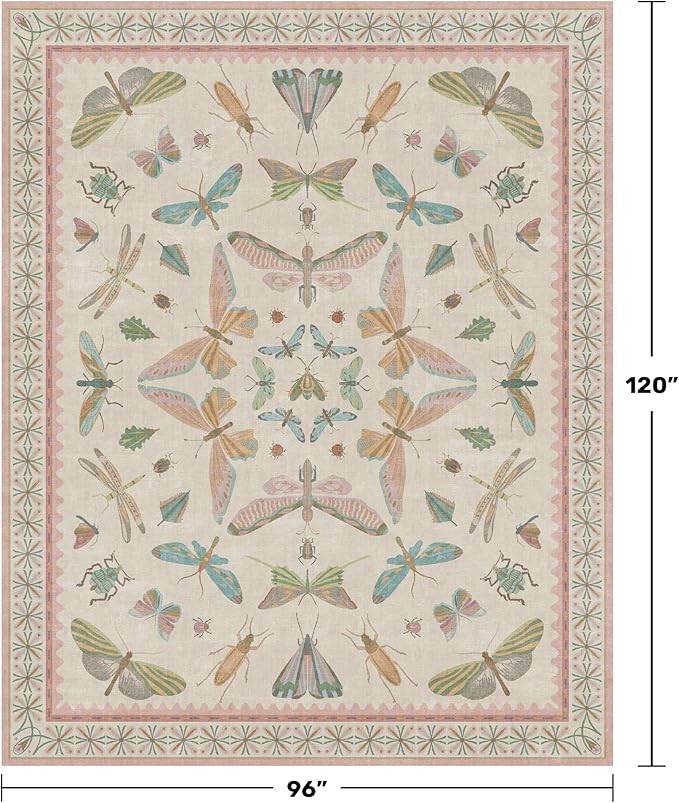 Hazo Haus Cute Rugs for Bedroom Girls - Pink Living Room Rugs 8X10, Dining Room Table, Washable Pastel Flower Insect Print Whimsical Décor