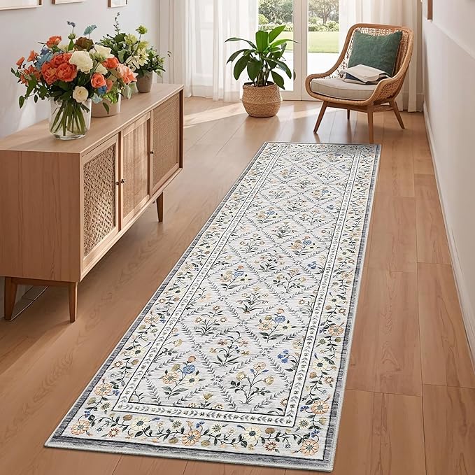 Washable Kitchen Rugs Non Slip 2x6 Hallway Runner Rug Stain Resistant Low Pile Floral Floor Rug with Rubber Backing Non Shedding Runners for Indoor Entryway Bedside Bedroom Farmhouse RV Grey Beige
