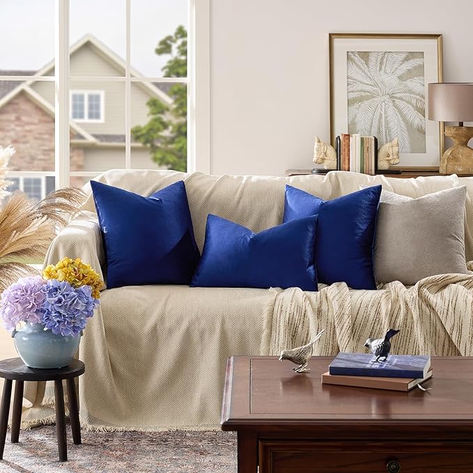GIGIZAZA Blue Decorative Velvet Pillow Covers, 16x16 Small Square Couch Throw Pillows Solid Pillowcases for Bedroom Set of 2 Home Decor Living Room Super Soft Cushion Covers