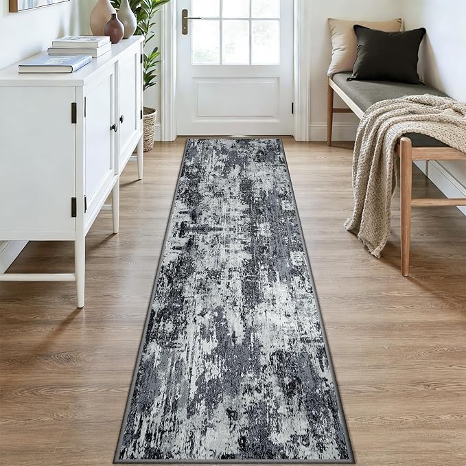 Washable Area Rugs 2x9 Non-Slip Modern Abstract Soft for Living Room Entryway Bedroom Nursery, Print Pattern, Black Navy Blue Gray