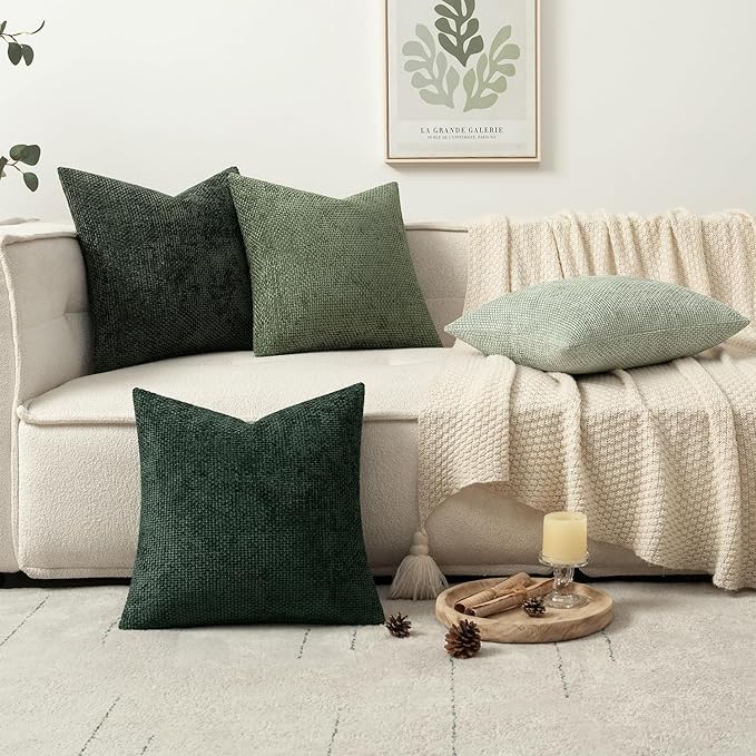 MIULEE Pack of 4 Couch Throw Pillow Covers 16x16 Inch Green Soft Decorative Chenille Pillow Covers Farmhouse Accent Cushion Covers for Boho Spring Home Decor Sofa Bedroom Living Room
