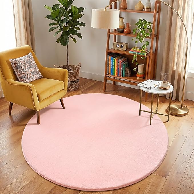Amearea Pink Round Area Rugs 4ft Washable Circle Rugs for Bedroom Living Room, Fluffy Indoor Thickened Memory Foam Rug, Non Slip Minimalist Circular Carpet for Kids Boys Girls Dorm Nursery Room Decor