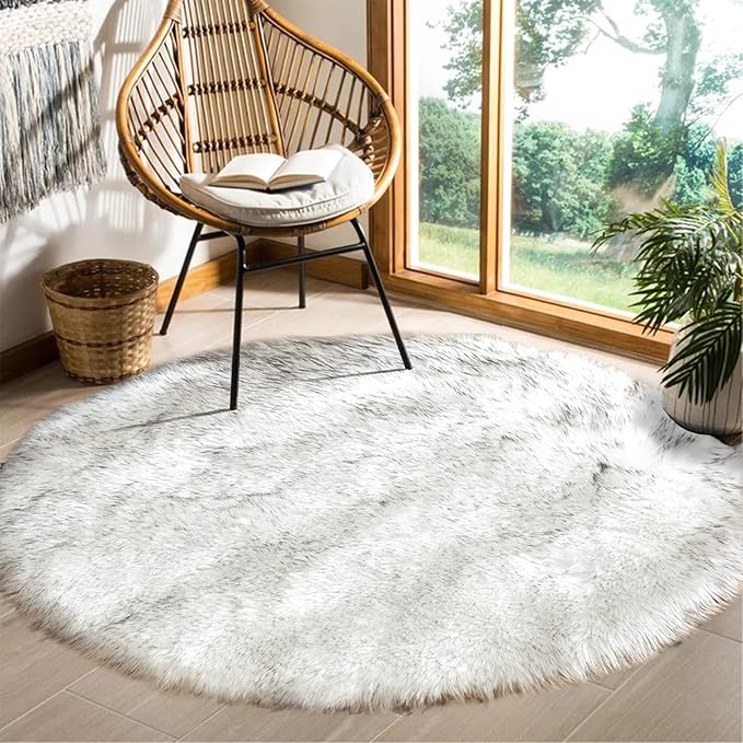 Goolela Round Sheepskin Area Rug 6ft Fluffy Circle Faux Fur Rug for Bedroom Living Room Furry Fuzzy Plush Washable - White with Grey Tips