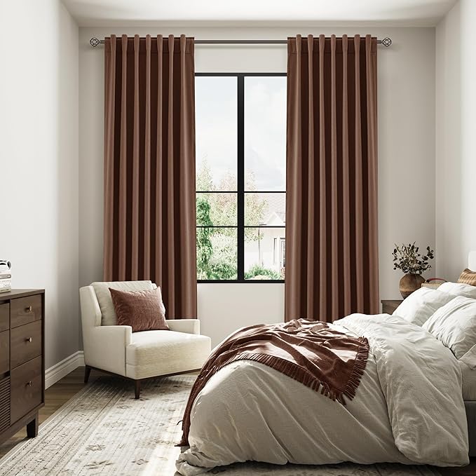 Guken 100% Blackout Curtains 90 Inch Length 2 Panels Set for Living Room Bedroom Back Tab Thermal Insulated Black Out Linen Drapes Room Darkening Window Curtains 90 Inches Long,Rustic Brown