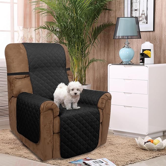 U-NICE HOME Recliner Chair Covers Reversible Chair Cover Pet Covers for Dogs with Elastic Straps Water Resistant Diamond Quilted (28''Recliner Oversized, Black/Grey)