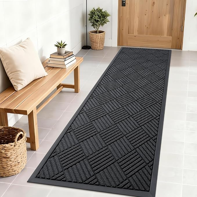 OLANLY Front Door Mat Outside Entrance 71x23, Absorbent, Heavy Duty Sturdy Natural Rubber Doormat Indoor Outdoor, Stain and Fade Resistant, Non-Slip Low Profile Floor Mat for Entryway, Black Diamond