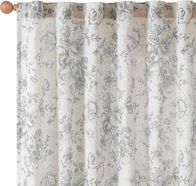 jinchan Linen Blend Curtain Floral Curtains for Living Room 84 Inch Length Grey Printed Curtain Rod Pocket Back Tab Farmhouse Peony Flower Patterned Drapes Bedroom Window Curtains Set 2 Panels
