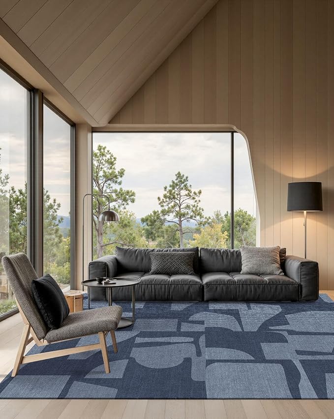 Latte&Fog 5x7 Area Rugs for Living Room Bedroom, Modern Abstract Washable Rug, Boho Non Slip Low Pile Carpet for Indoor Dining Room, Dorm, Classroom, College Dorm, Farmhouse and Kids Room - Navy Blue