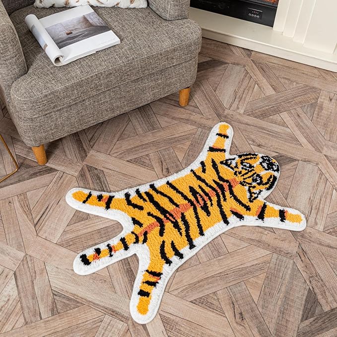 Tiger Print Rug, Animal Printed Small Area Rugs Faux Cowhide Skin Leather Nonslip Personalized Bath Rug Cartoon Carpet Bedroom Office Livingroom Floor Mat 32.2inx21.4in Yellow