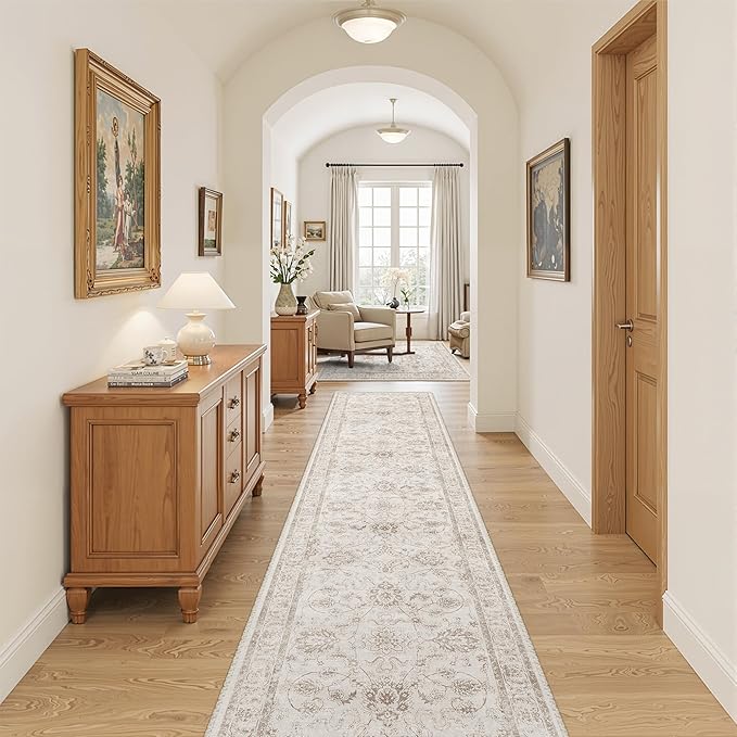 Madane Runner Rug 2x10 for Hallway, Kitchen Non-Slip Runner Rug with Rubber Backing, Vintage Soft Low Pile Throw Neutral Carpet Runner for Laundry Room Entryway Bathroom Bedroom (2 x 10, Brown/Ivory)
