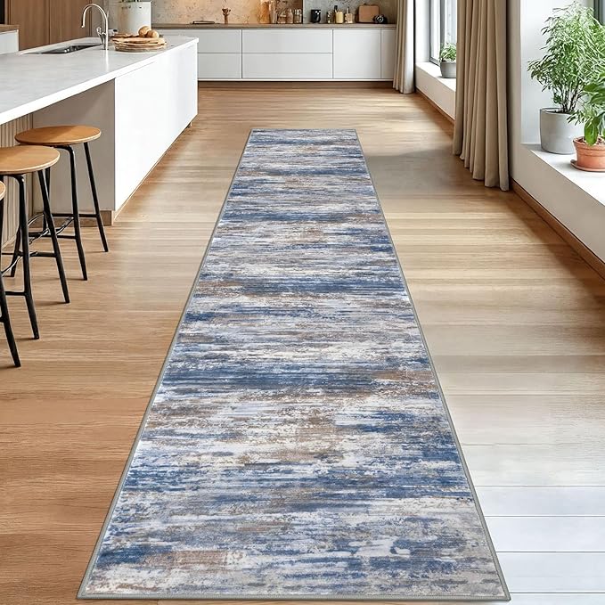 KOZYFLY Modern Abstract Washable Rug Runner 2.6x14 Hallway Rug Runner Non-Slip Soft Kitchen Runner Rugs, Blue Rust Striped Carpet for Entryway Bathroom Laundry Room Foyer