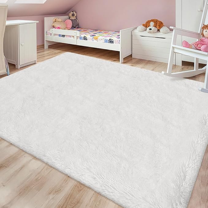 White Rug for Living Room 6x9ft Fluffy Area Rug Mat Bedside Throw Rug for Bedroom Kids Room Boys Teens Nursery Baby Dorm Office Home Decor Aesthetic Carpets