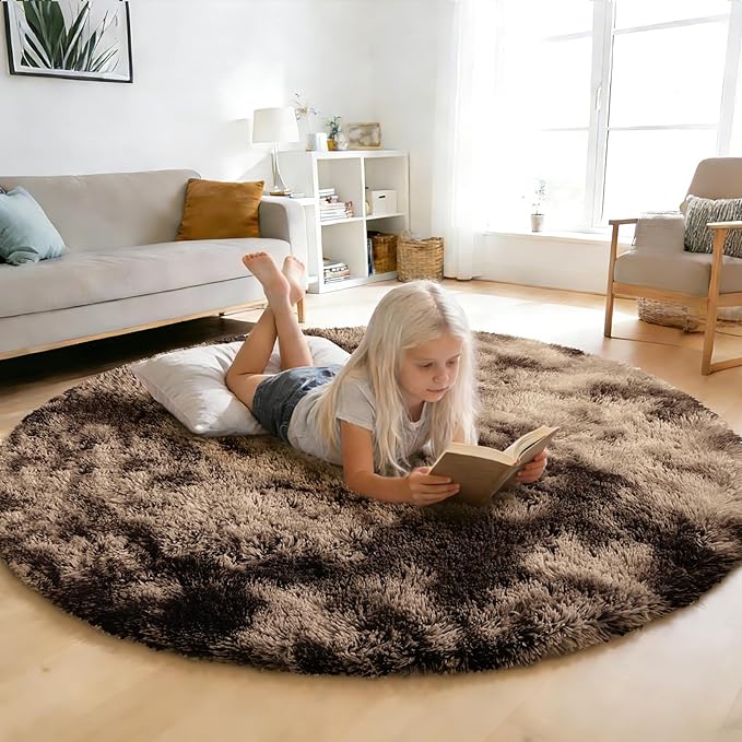 Tie-Dyed Coffee Fluffy Round Rug,Soft Area Rugs for Girls Room,Shaggy Rugs 3'X3' for Living Room,Non Slip Circle Rug for Kids Bedroom,Shag Plush Nursery Carpets,Fuzzy Rug for Dorm,Room Decor Carpet