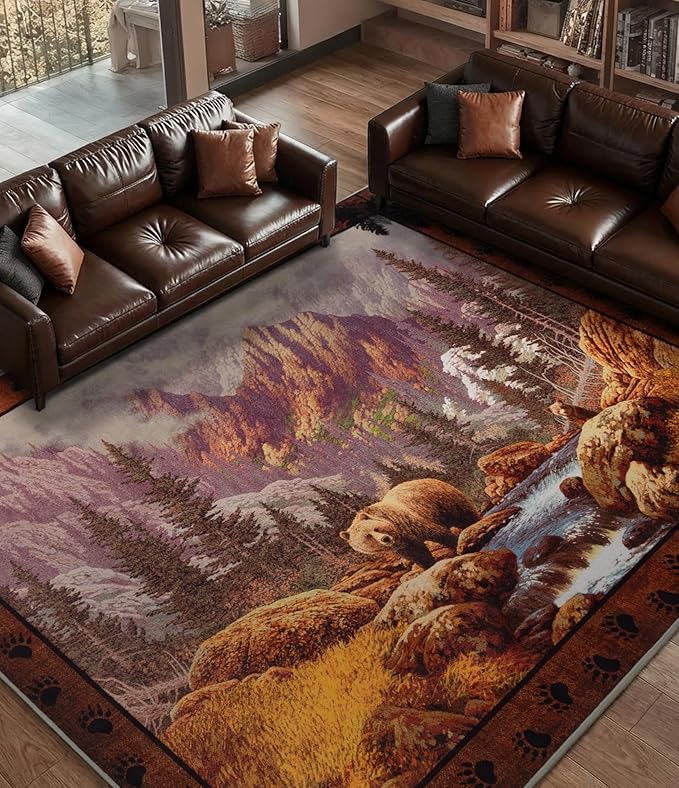 YIHOUSE Rustic Cabin Area Rug for Bedroom 6x9,Machine Washable Woodland Bear Rug,Non-Slip Low Pile Print Pattern Wildlife Rug for Living Room