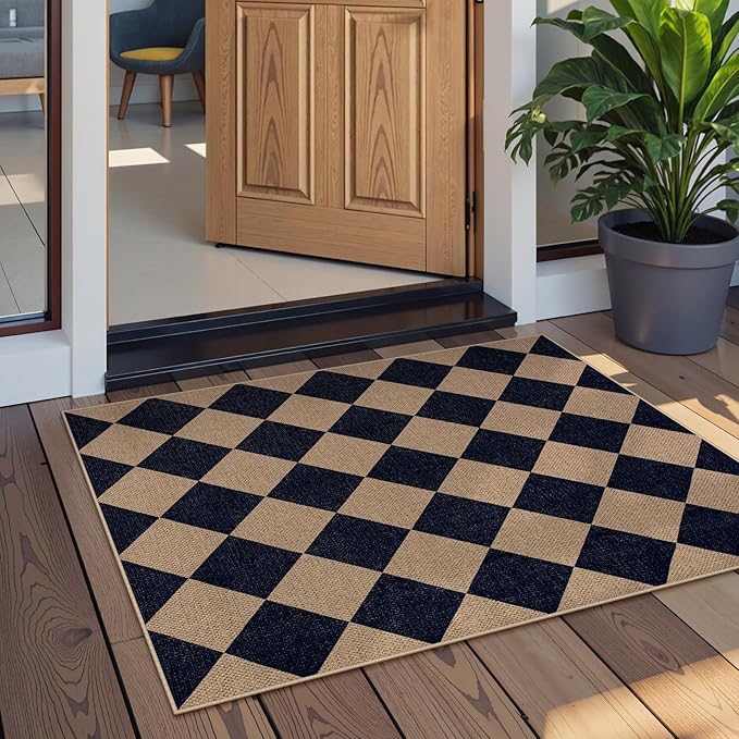 Lahome Colette Checkered Easy Jute Kitchen Rug, 2x3 Indoor Door Mat Small Neutral Area Rug, Farmhouse Diamond Non Slip Non Shedding Lightweight Floor Carpet for Entry Porch