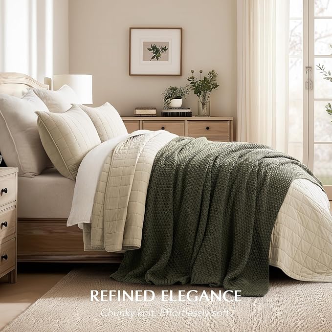 EVERGRACEHOME Chunky Chenille Knit Throw Blanket for Couch, Soft Luxurious Oversized Queen Moss Stitch Blanket for Bed, Cozy Farmhouse Knitted Throw for Sofa, Olive Green, 90" x 90"