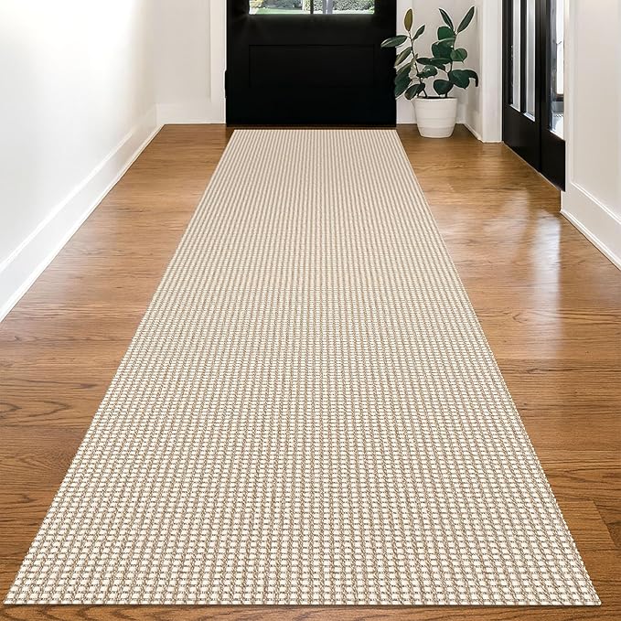 KOZYFLY Long Runners for Hallways 2x12 ft Washable Kitchen Runner Non Slip Rubber Backed Hallway Rugs Cotton Entryway Runner Rug Floor Carpet for Indoor Hall, Backdoor, Kitchen, Ivory/Khaki