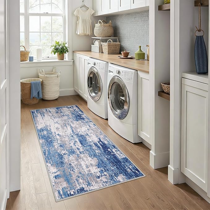 Washable Area Rugs 3x6 Non-Slip Modern Abstract Soft for Living Room Entryway Bedroom Nursery, Print Pattern, Blue Grey Navy Gray