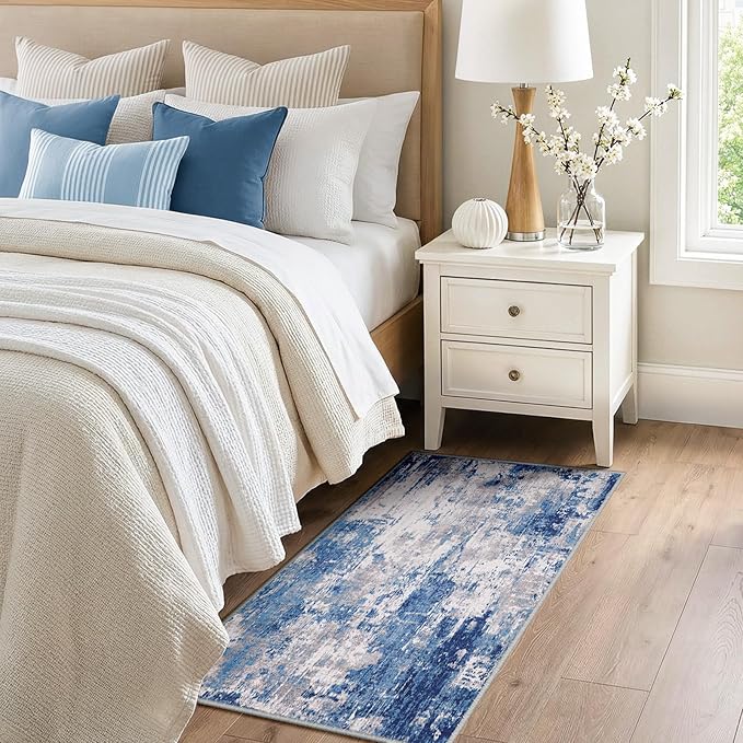 Washable Area Rugs 2'x4' Non-Slip Modern Abstract Soft for Living Room Entryway Bedroom Nursery, Print Pattern, Blue Grey Navy Gray