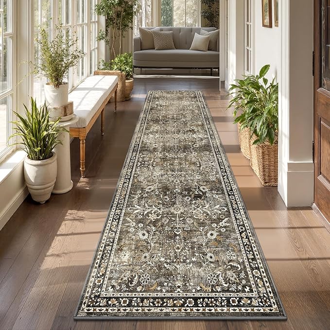 Yamaziot Washable Runner Rug 2x8 – Non Slip Boho Floral Hallway Runner Rug with Rubber Backing, Low Pile Wool Distressed Carpet for Kitchen, Laundry, Bedroom, Entrance, Tan