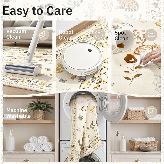2x3 Cat Rugs for Entryway, Machine Washable Door Mat Animal Floral Small Area Rug Non-Slip Low Pile Soft Throw Rugs for Entrance Kitchen Indoor Front Door Kids Room (2 x 3,Beige)