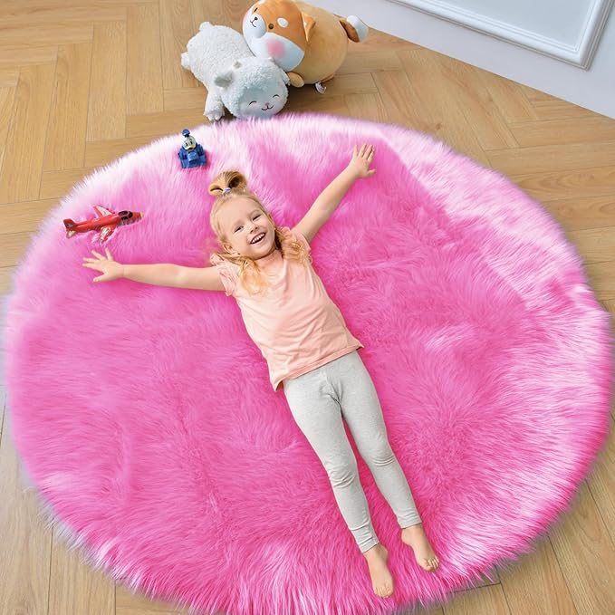 duduta Hot Pink Faux Sheepskin Round Rug 4x4 ft, Fluffy Shag Girls Bedroom Nursery Dorm Circle Rug Non Slip Washable