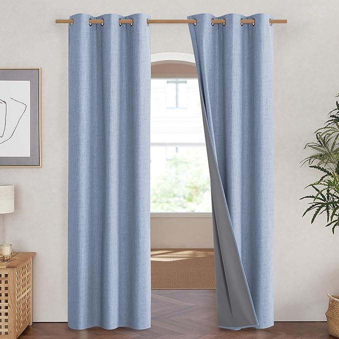 NICETOWN Stone Blue Vintage Linen 100% Blackout Curtains for Living Room, Thermal Insulated Curtains 84" Long, Noise Reducing Window Treatment Drapes for Hall Room, 42" Wide Per Panel, Set of 2