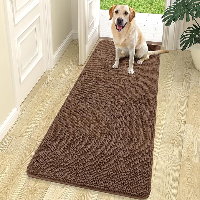 OLANLY Dog Door Mat for Muddy Paws 70x24, Absorbs Moisture and Dirt, Absorbent Non-Slip Washable Doormat, Quick Dry Chenille Mud Mat for Dogs, Entry Indoor Entryway Carpet for Inside Floor, Mocha
