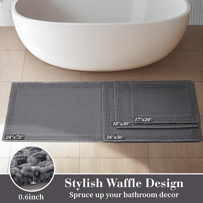 RESARE Waffle Bathroom Runner Rugs, Super Absorbent Bath Mat Non Slip Washable Quick Dry, Upgraded Ultra Soft Boho Bath Rugs with Tassels for Hallway Bedroom Laundry Room, 2'x4'(24"x48"), Dark Grey