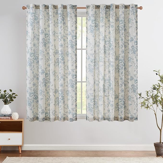 jinchan Linen Blend Curtain Floral Curtains for Living Room 63 Inch Length Blue Printed Curtain Rod Pocket Back Tab Farmhouse Peony Flower Patterned Drapes Bedroom Window Curtains Set 2 Panels