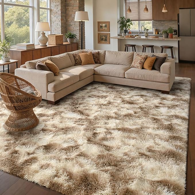 6x9 Ft Large Shag Rugs for Living Room Decor, Tie-Dyed Ultra Soft Fluffy Furry Area Rugs for Bedroom Indoor Floor, Aesthetic Carpet for Kids Home (Khaki)