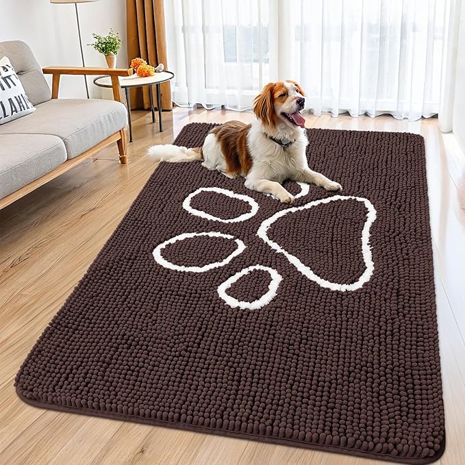 Smiry Dog Door Mat for Muddy Paws, Absorbent Dirt Trapper Non Slip Quick Dry Washable Chenille Mat for Mud Dogs, Entry Rug for Indoor and Outdoor (59x32 Inches, Brown and White)