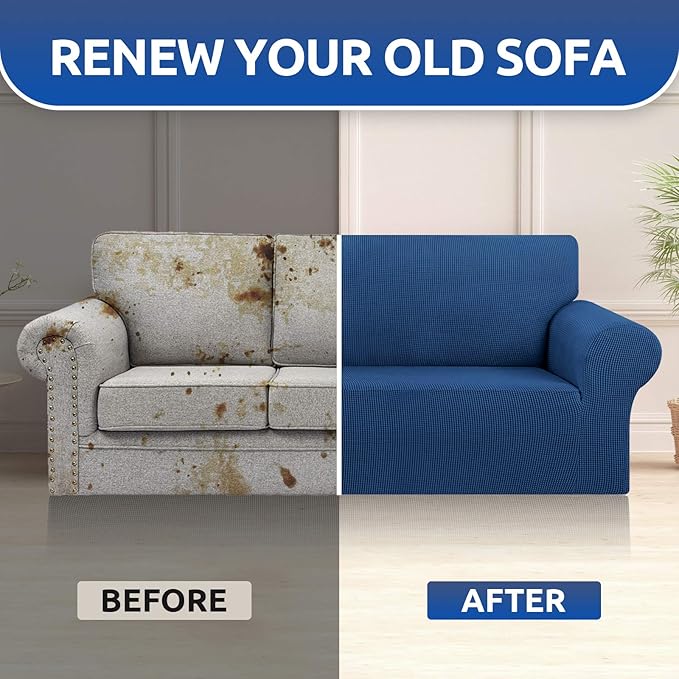 KEKUOU Stretch Sofa Cover Slipcover ，Couch Covers for 3 Cushion Couch Sofa pet Friendly (78"-94") Furniture Protector Sofa with Elastic Bottom for Kids,Dog, Jacquard Small Checked(Large,Classic Blue)
