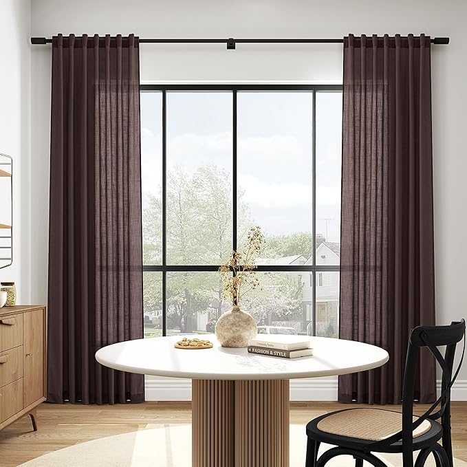 Coffee Brown Linen Curtains for Living Room 100 Inches Long Light Filtering Semi Sheer Curtain Back Tab Luxury Modern Rustic Home Decor Neutral Drapes for Bedroom Dinner Room 52x100, 2 Panels
