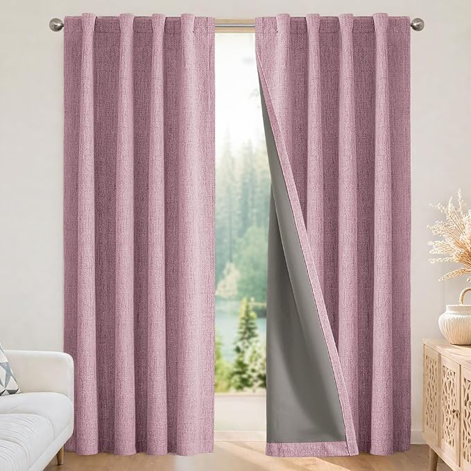 Joydeco Blackout Curtains for Bedroom - 100% Light Blocking 2 Panels Set Pink Drapes 42" W x 108" L, Thermal Insulated Room Darkening Curtains, Linen Textured for Living Room, Rod Pocket & Back Tabs