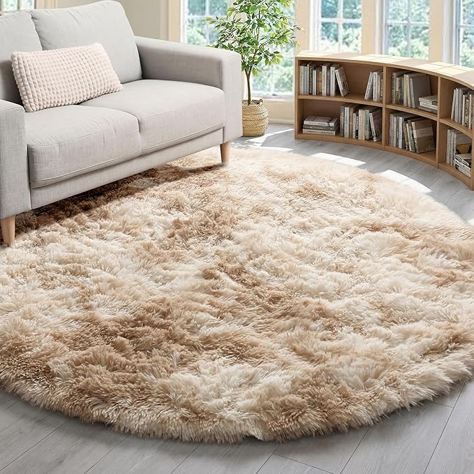 ONASAR Tie-Dye Beige Round Area Rug 4ft, Soft Bedroom Circle Rugs Floor Mats for Kids Girls Teen Room, Kawaii Fluffy Plush Shaggy Carpet for Baby Nursery Living Room Playroom Home Decor